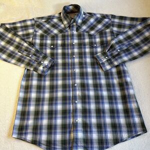Miller Ranch Western Shirt Mens S White Blue Green Plaid Long Sleeve Pearl Snap